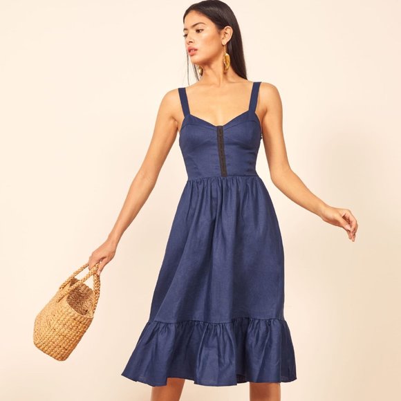 Reformation Dolci Linen Dress Navy 0 - Picture 1 of 4